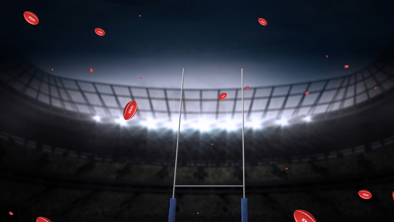 Animation of red rugby balls with japan text at stadium