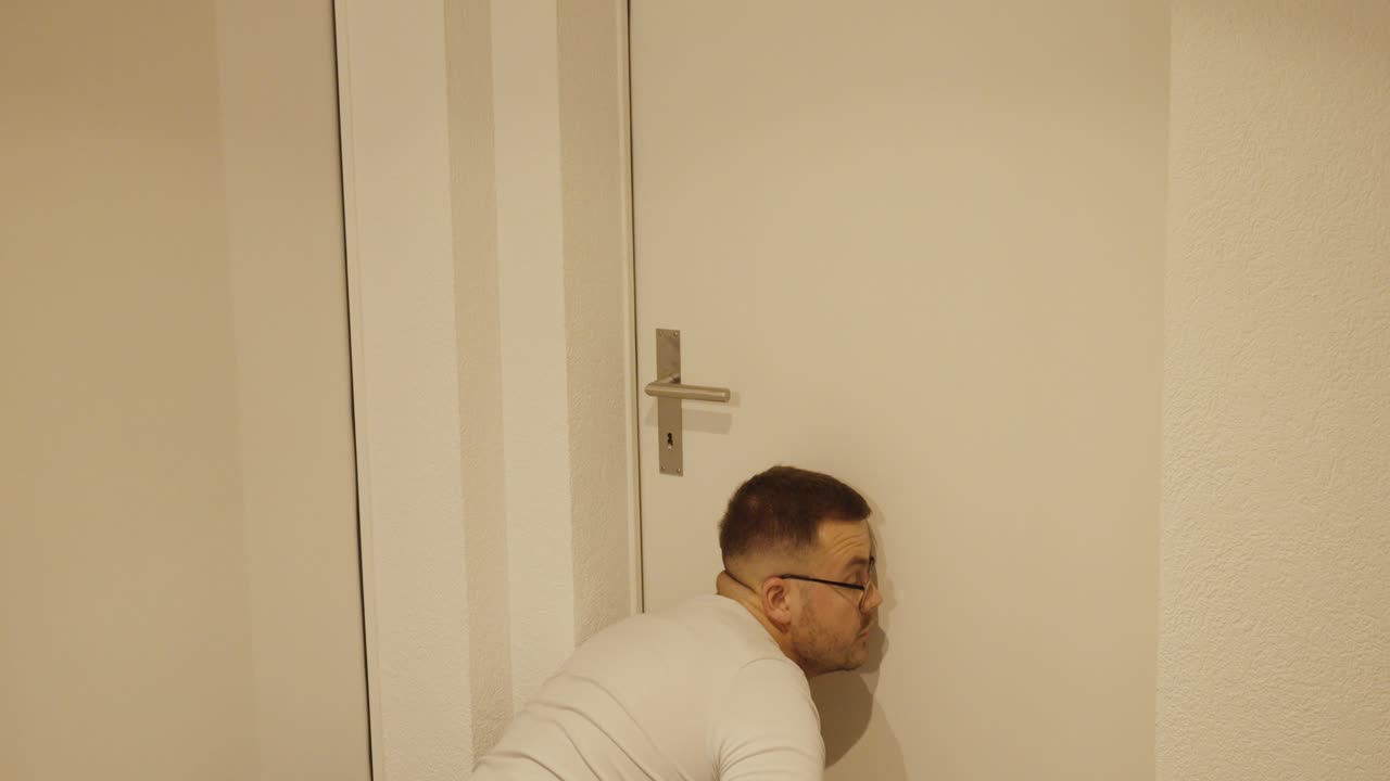 En man hukar sig och lutar sig nära en stängd dörr, och försöker höra vad som händer där inne. Scenen förmedlar hemlighetsmakeri, spänning, misstänksamhet eller nyfikenhet i en hemmamiljö.