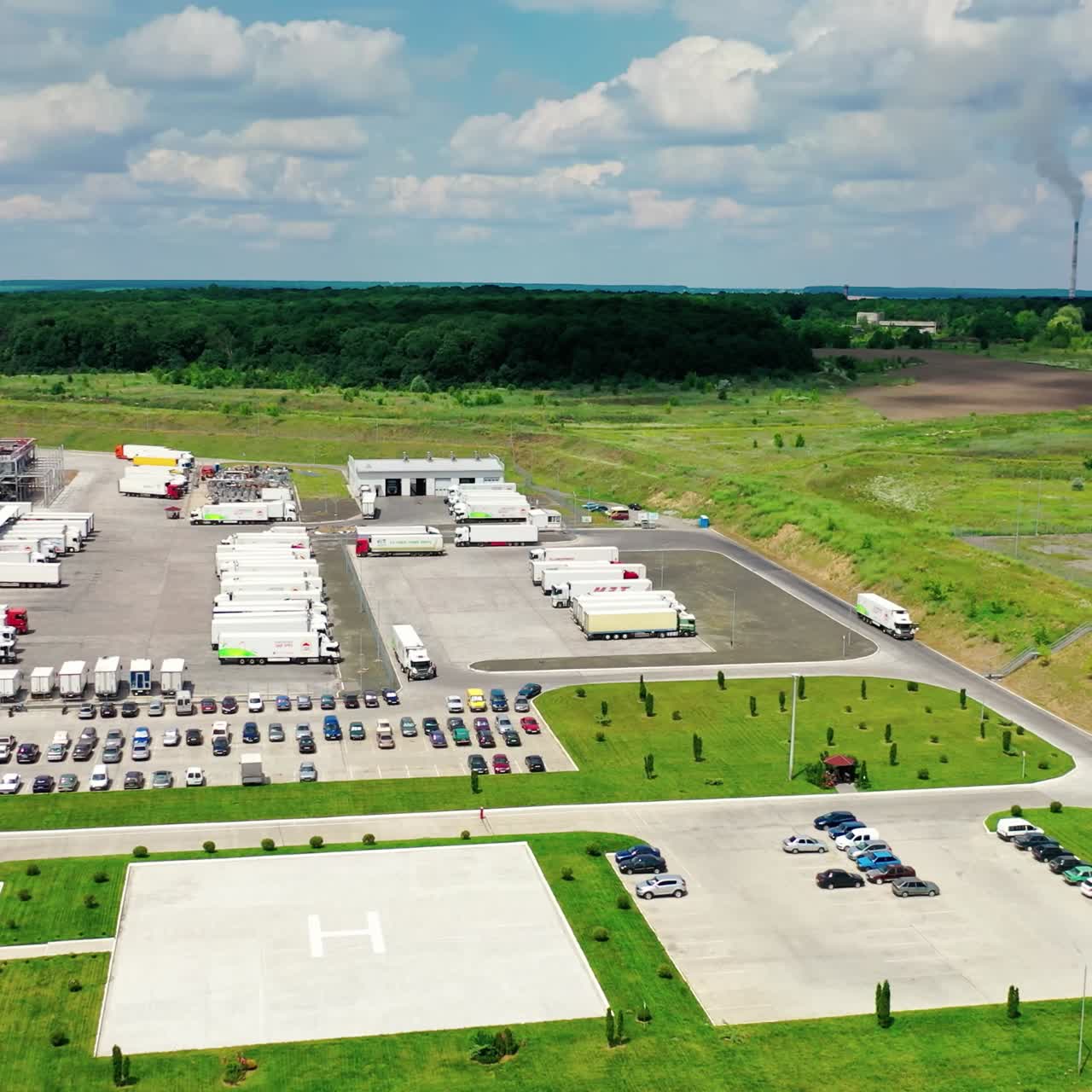 Drone view of factory building. Aerial wide drone view of factory industrial zone