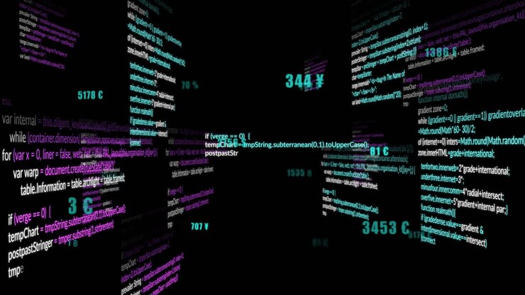Прокручивающийся код и обработка данных на темном анимированном фоне
