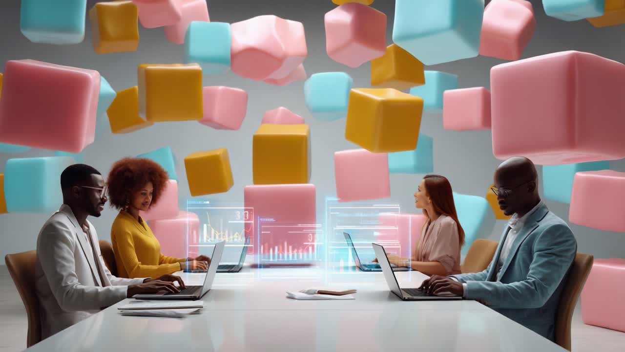 A Dynamic Collaboration Scene with Diverse Professionals Engaging with Laptops Surrounded by Colorful 3D Shapes and Augmented Graphics Illustrating Data Analysis