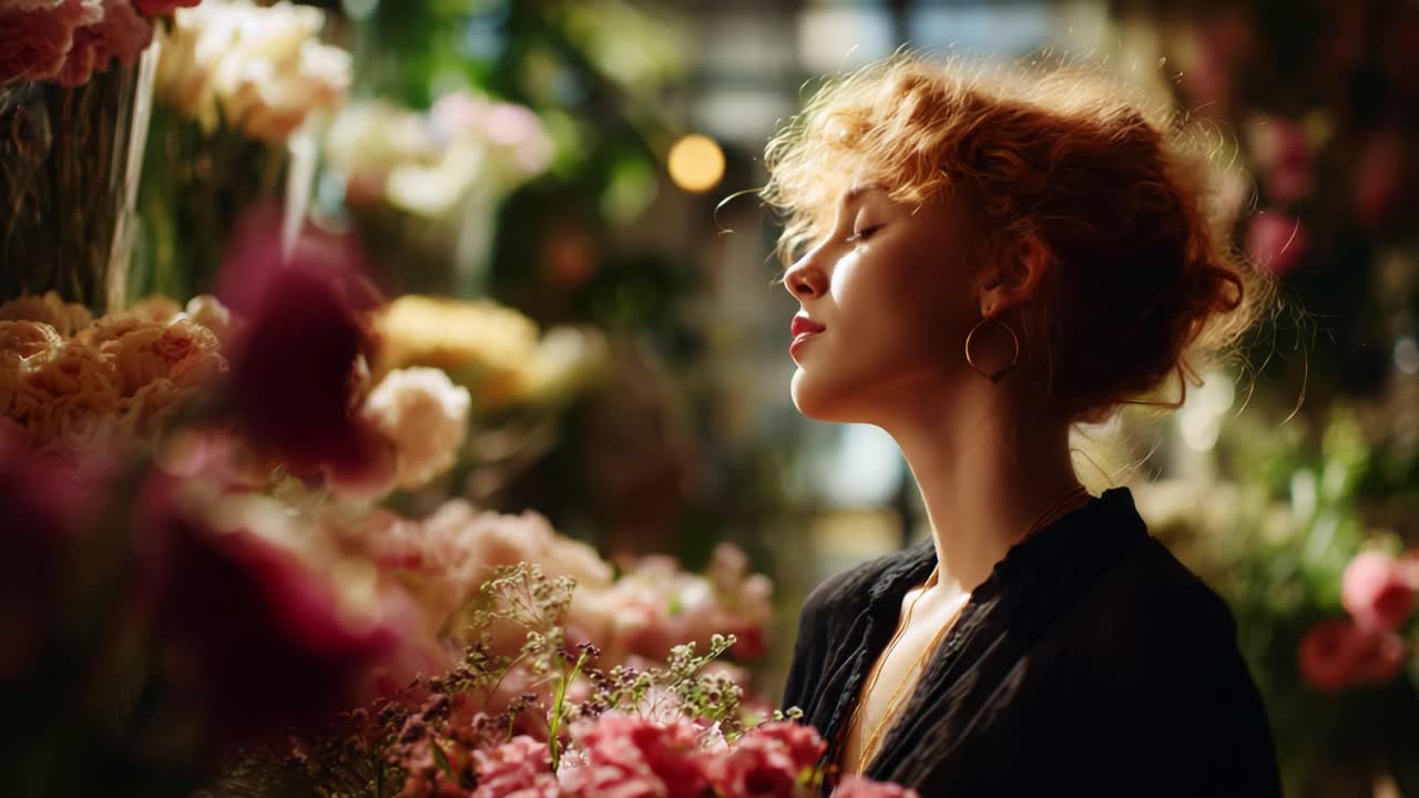 Graceful woman surrounded by blooming flowers, exuding tranquility and beauty. Her serene expression captures a moment of reflection amidst a vibrant floral garden, creating a captivating scene
