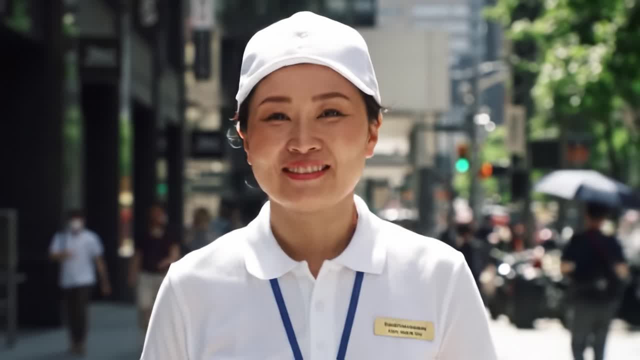 A woman in a white uniform and cap stands on a bustling city street, smiling warmly at passersby. Tall buildings and bright sunlight create a vibrant urban atmosphere.
