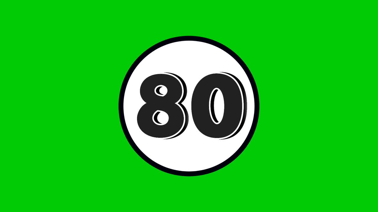 Number 80 symbol sign animation motion graphics cartoon black color on green screen background.numbers in white circle suitable for video elements