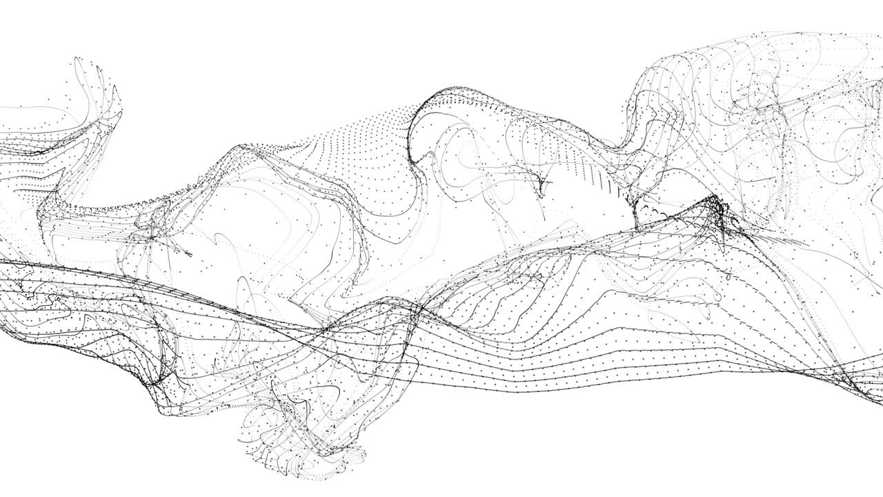 Black and white wavy particles background.Abstract deformation network mesh structure.Digital flow with lines from points in slow motion.Particles field dance move.Technological style.Flat animation