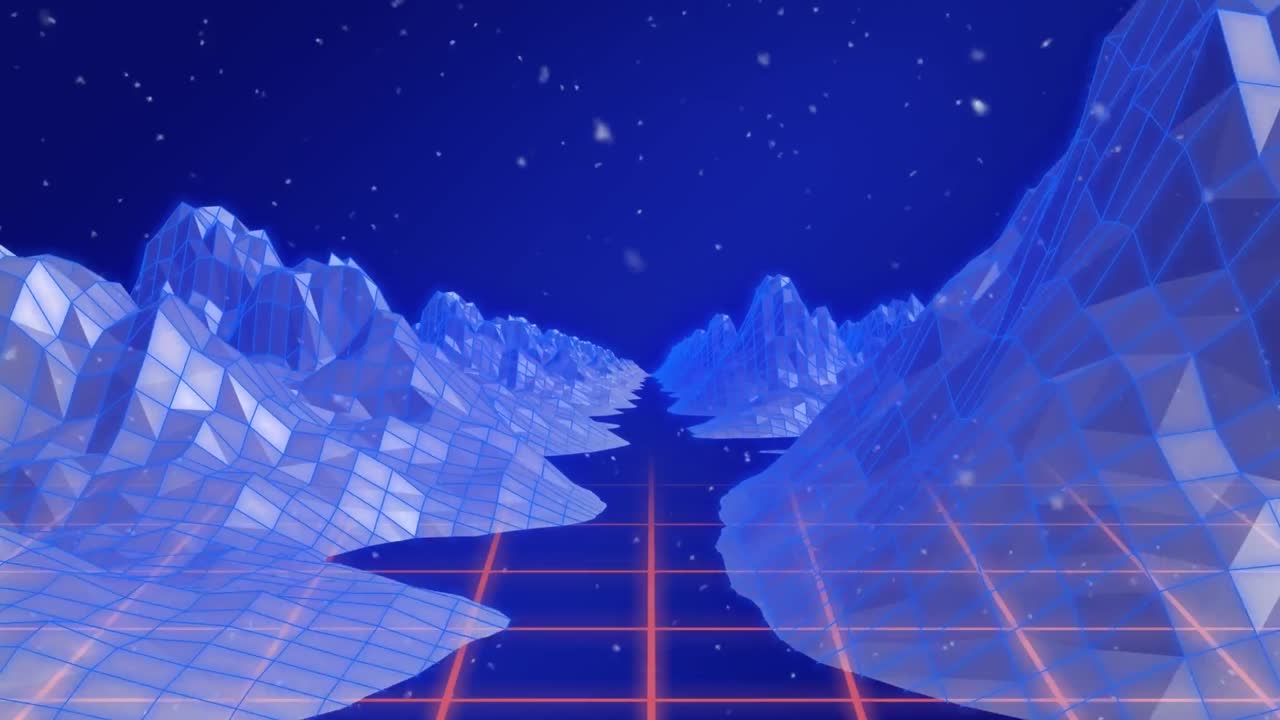 파란색 배경에 디지털 산 위에 내리는 눈의 애니메이션
