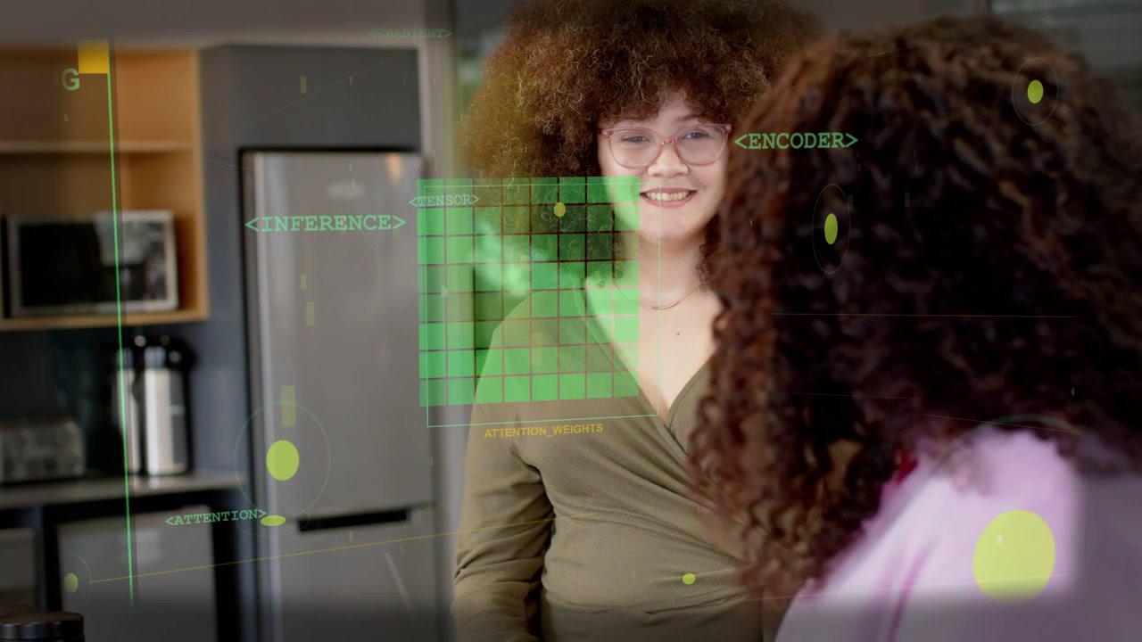 Woman smiling and speaking in kitchen, smile causing HUD scaling over face and chest while chatting
