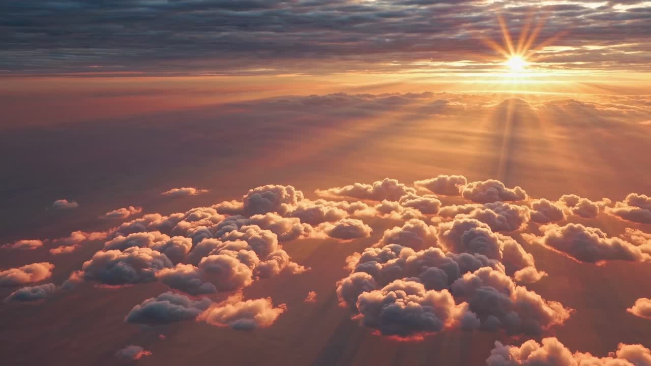 Maestoso tramonto dorato sopra le nuvole con raggi di sole