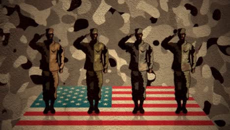 four figures of soldiers saluting over american flag against camouflage background