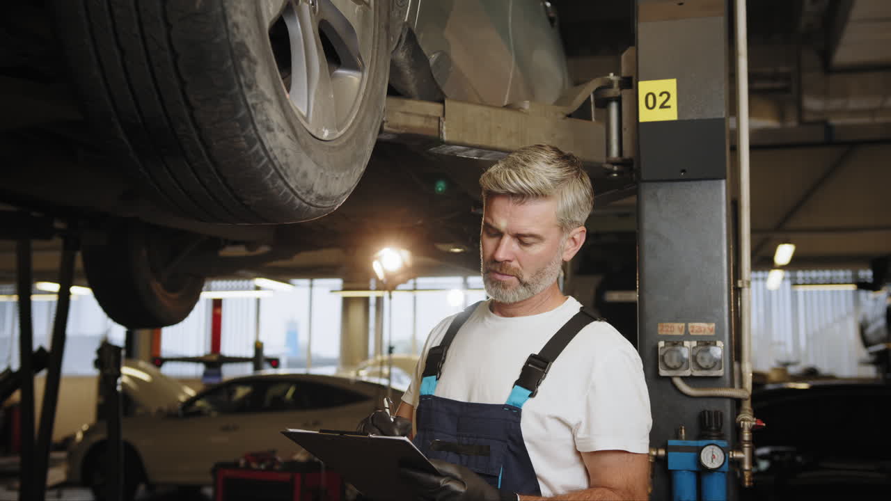 mecánico de automóviles inspeccionando un coche