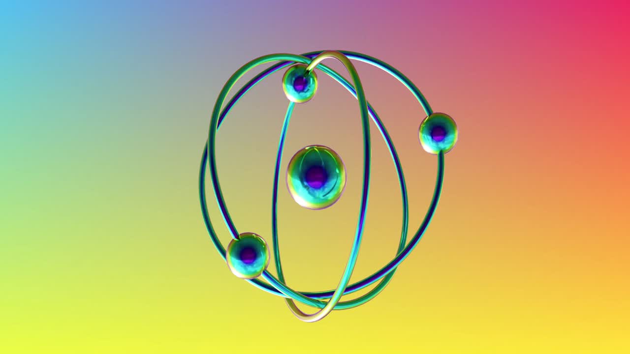 그라디언트 진동하는 배경 위에 회전하는 원자 모델의 애니메이션