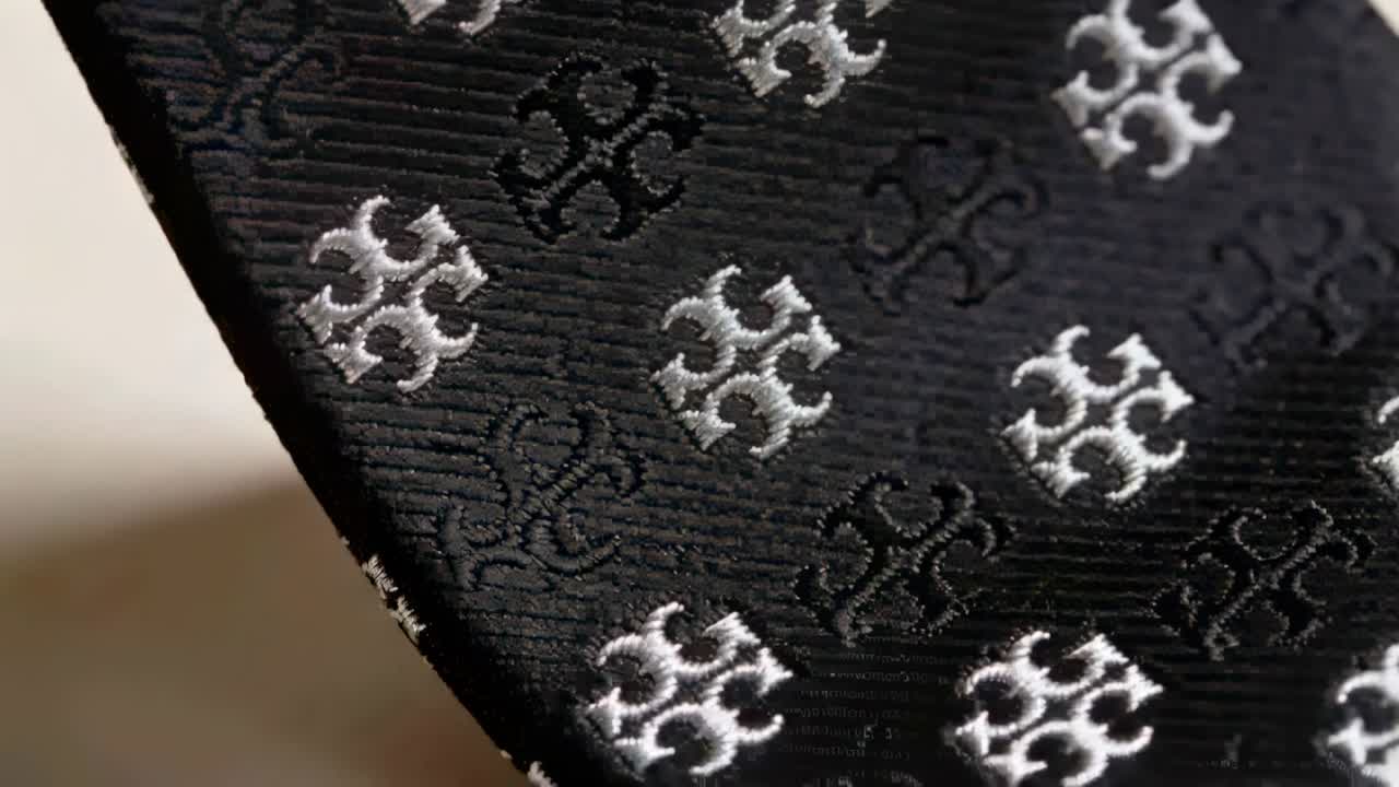 Sliding camera revealing black necktie tip on studio backdrop, highlighting embroidered circles