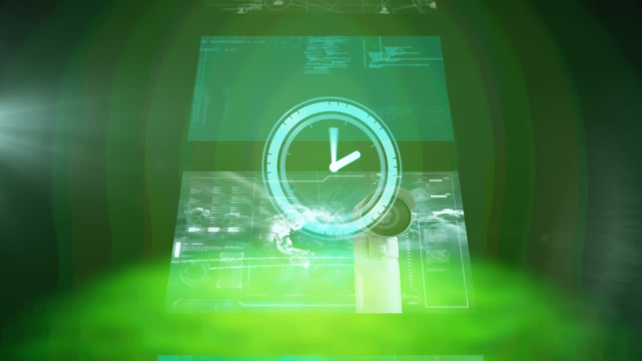 네온 파란색 디지털 시계가 초록색 배경에 데이터 처리 된 여러 화면에 맞춰 틱합니다.