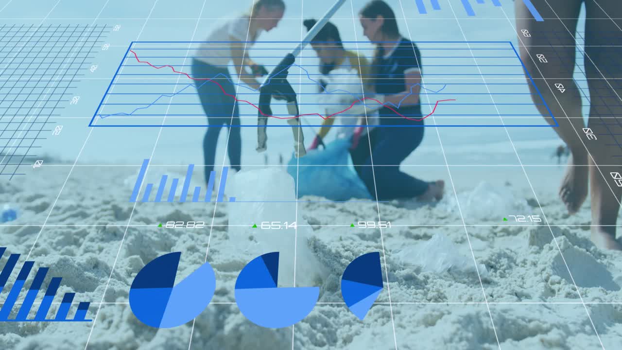 해변에서 플라스틱 병을 모으는 다인종 사람들의 인포그래픽 인터페이스의 애니메이션