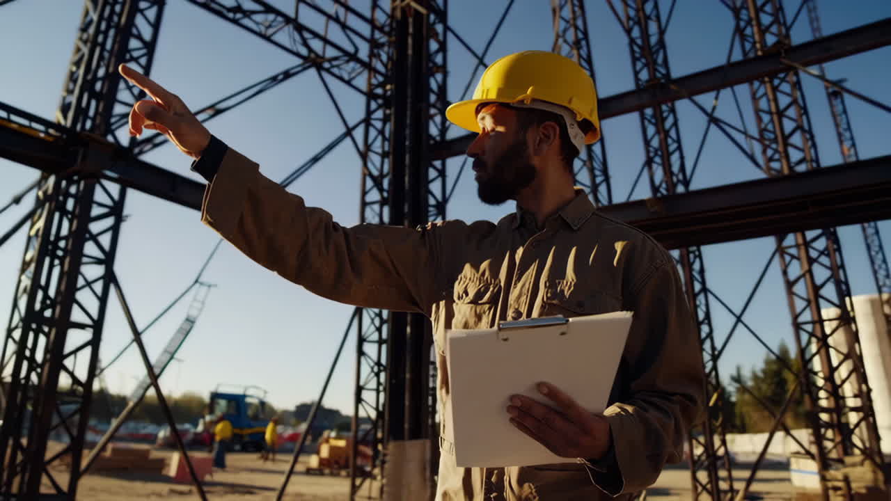 Construction worker inspecting a steel structure