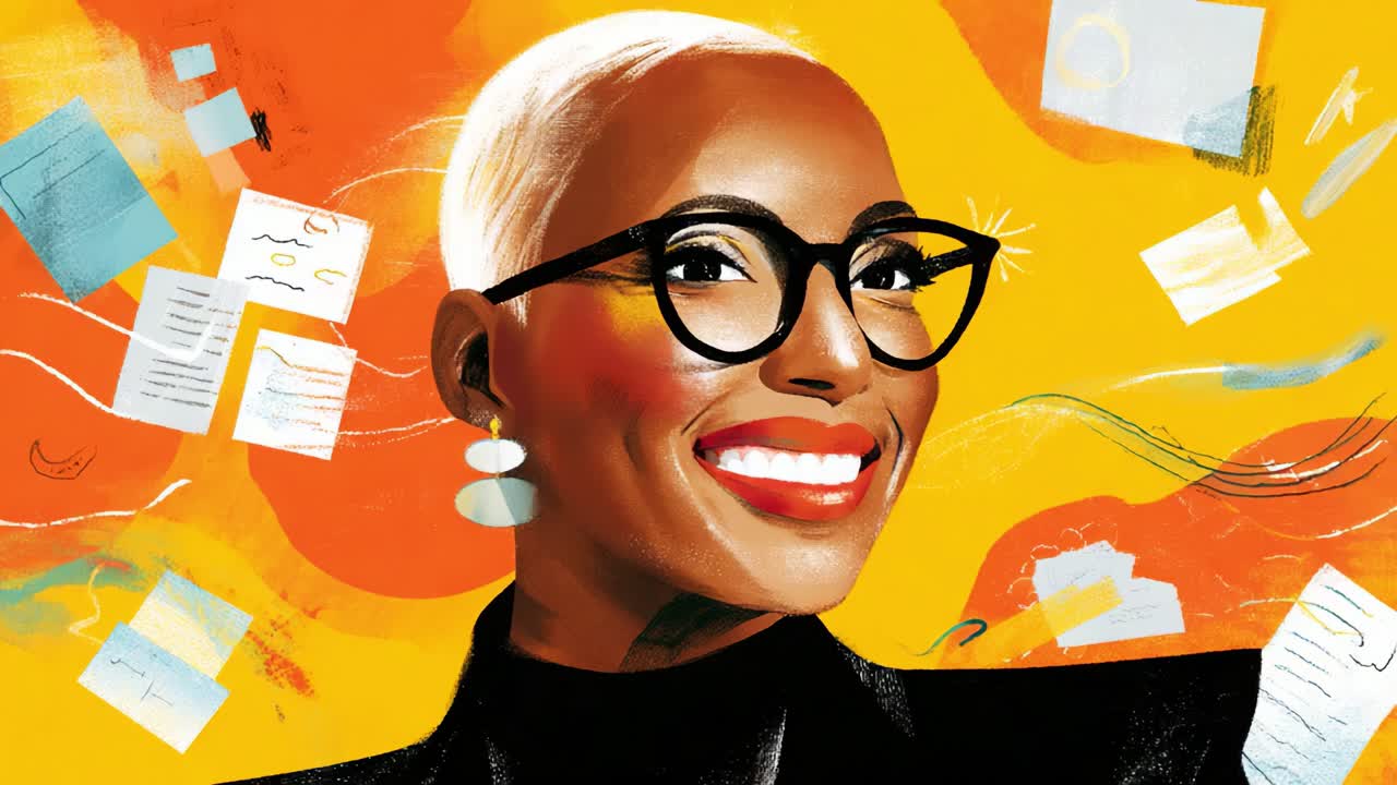 A Confident Portrait of a Young Woman with Short Blonde Hair and Bold Glasses Against a Vibrant Yellow Background with Colorful Swirls and Papers, Capturing Empowerment and Charisma