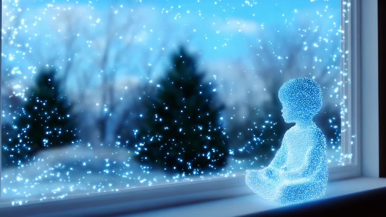 A Tranquil Scene of a Glowing Child Figure Gazing Out the Window into a Wintery Landscape Filled with Soft Snowflakes and Pine Trees, Capturing the Essence of Wonder and Imagination in a Dreamy Ambiance