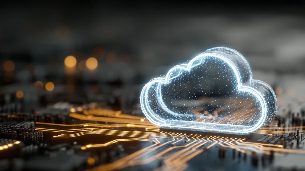 Exploring the Concept of Cloud Computing through a High-Tech Visualization of a Cloud Icon Posed over a Circuit Board, Symbolizing Data Storage and Connectivity