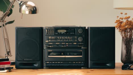 retro radio tape recorder, audio cassette close-up. listening to music, old radio boom box player, macro of vintage music listening. . high quality 4k footage