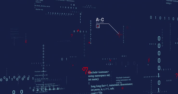 Animation of airplane, circle over binary codes and computer language against abstract background
