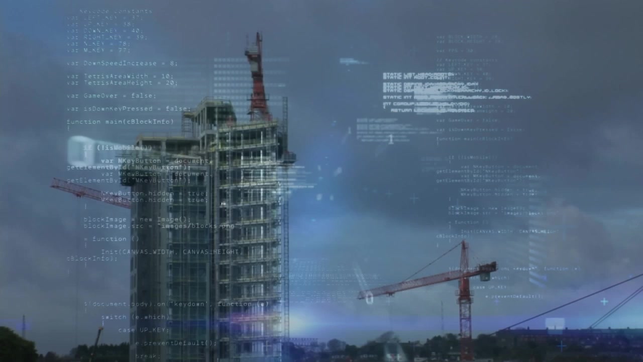Animation of data processing over timelapse with construction site