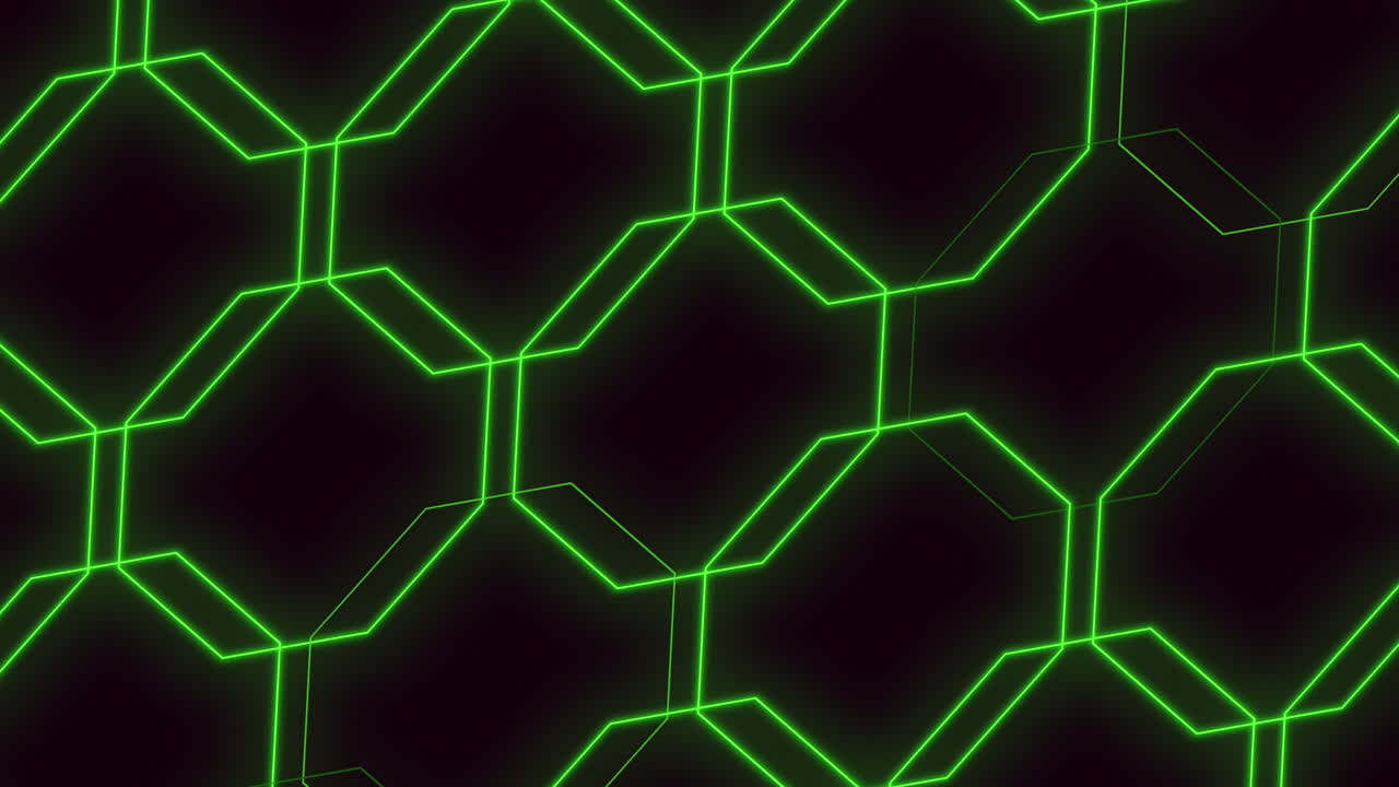 Seamless futuristic animation of glowing neon green hexagon grid lines on a dark background, ideal as a modern technology themed backdrop for presentations, interfaces and sci fi projects