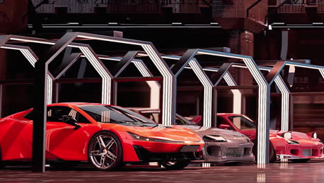 futuristic sports cars in an industrial garage