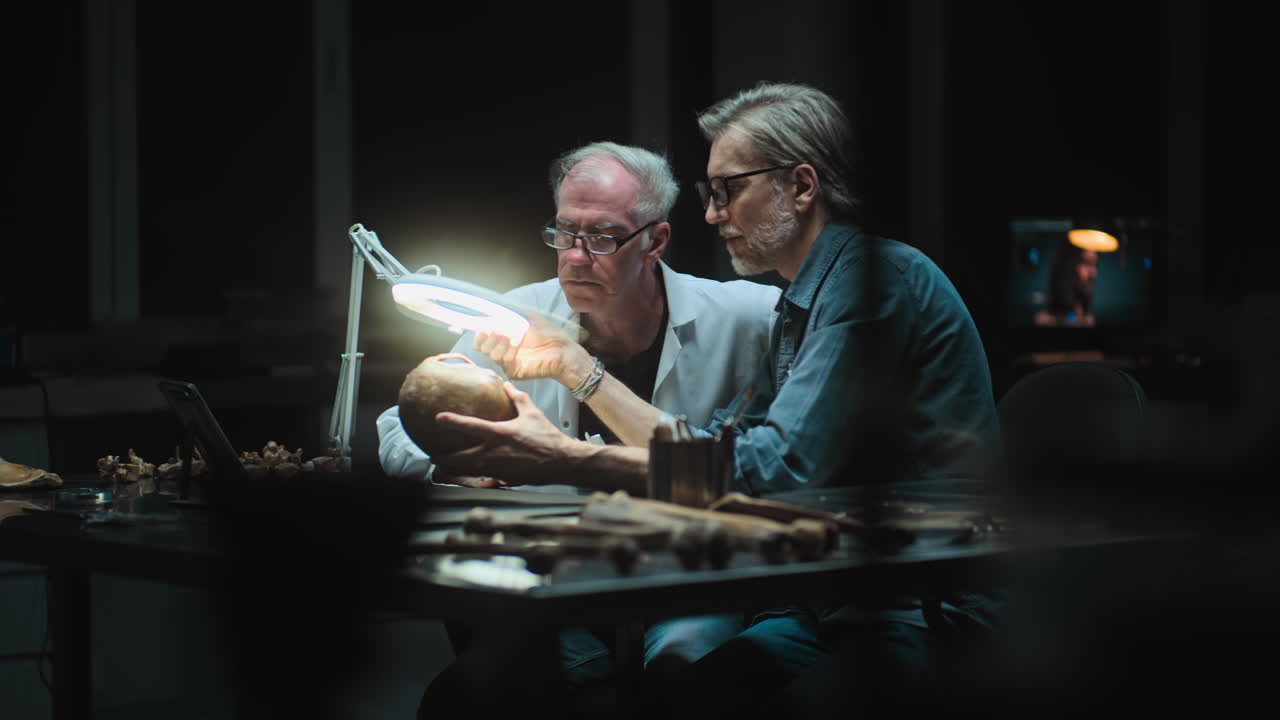 arqueólogos examinando un cráneo en un laboratorio