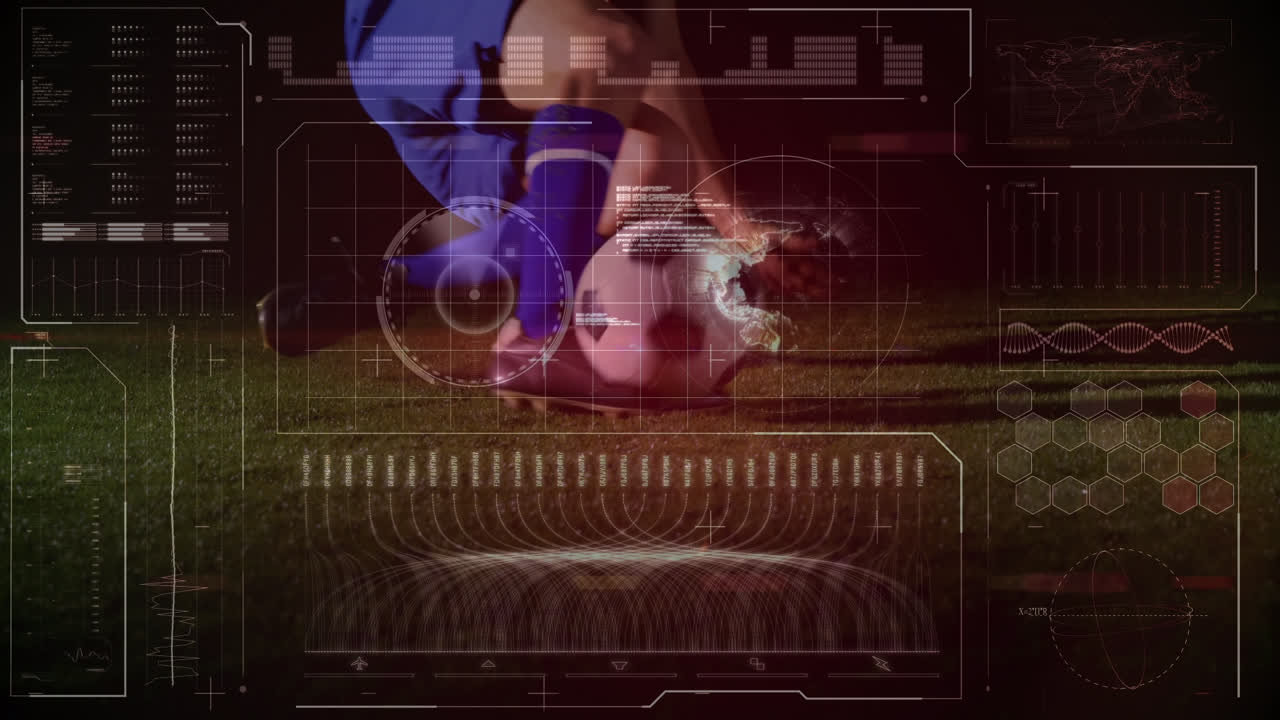Animation of data processing over caucasian male soccer player with ball