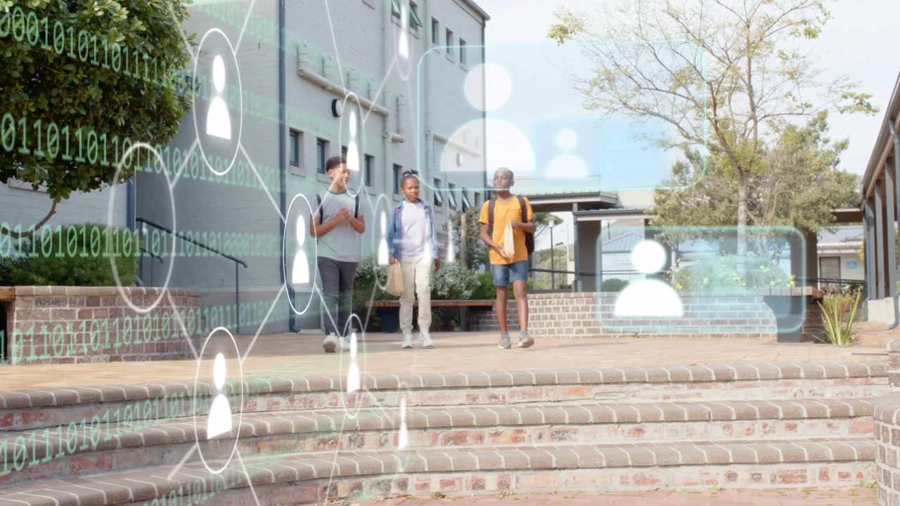 School group entering left and walking down steps, heading to class, user icons aligning with them