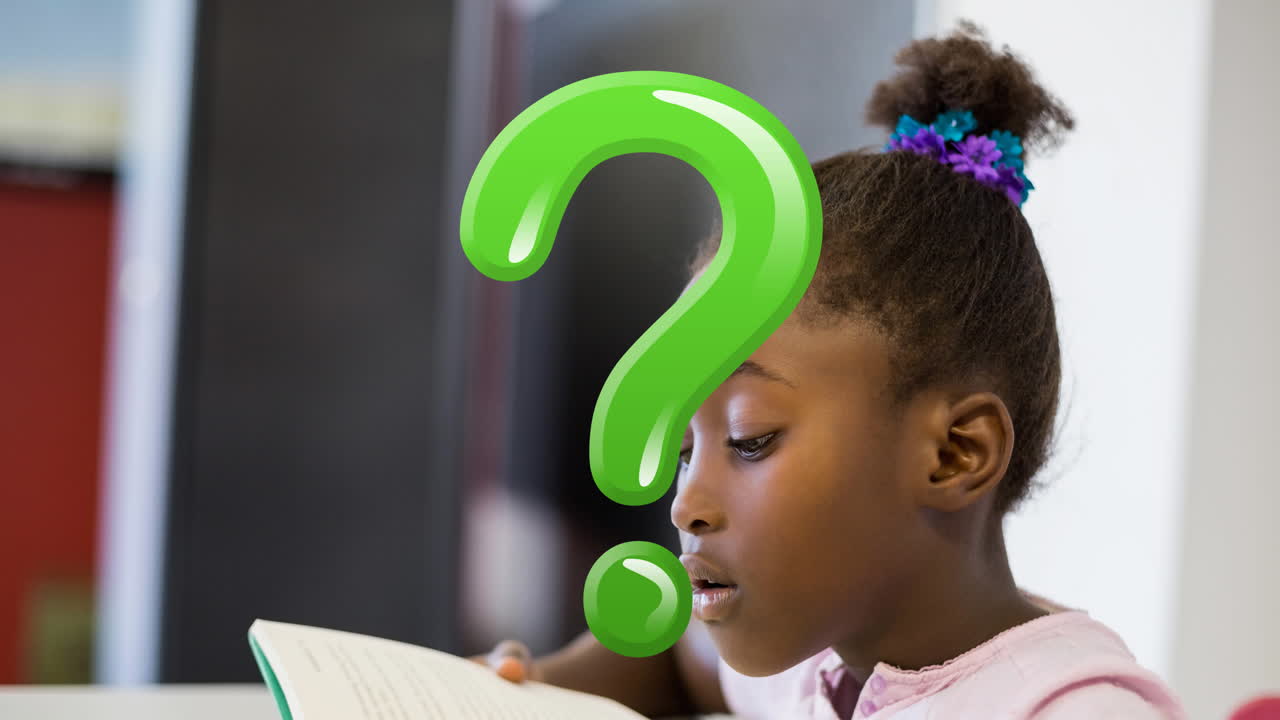 Animation of green question mark over african american schoolgirl reading in classroom