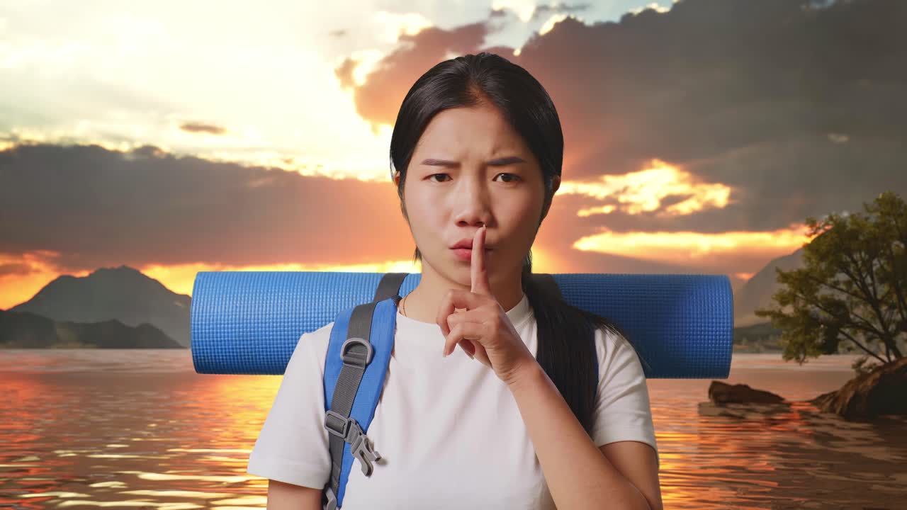 Woman with backpack, finger on lips, at sunset by a lake
