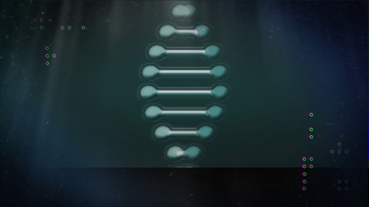 Glowing DNA helix tilting, applying dot grid after glitch emerging, spinning loaders, showing data