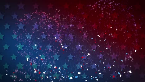 animation of fireworks exploding over stars of american flag waving