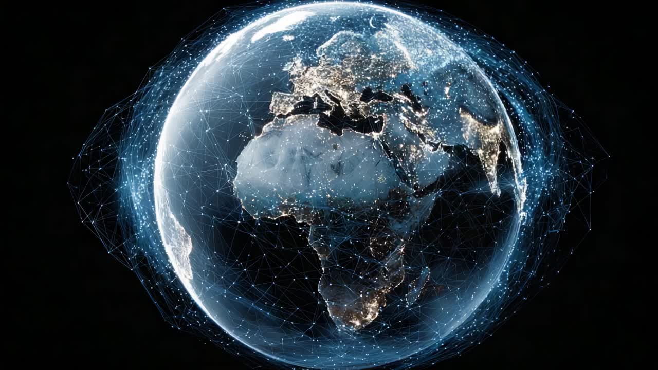 A Stunning Visualization of Earth Showcasing a Network of Light Connectivities and Geographical Features in a Vibrant, Dark Atmosphere