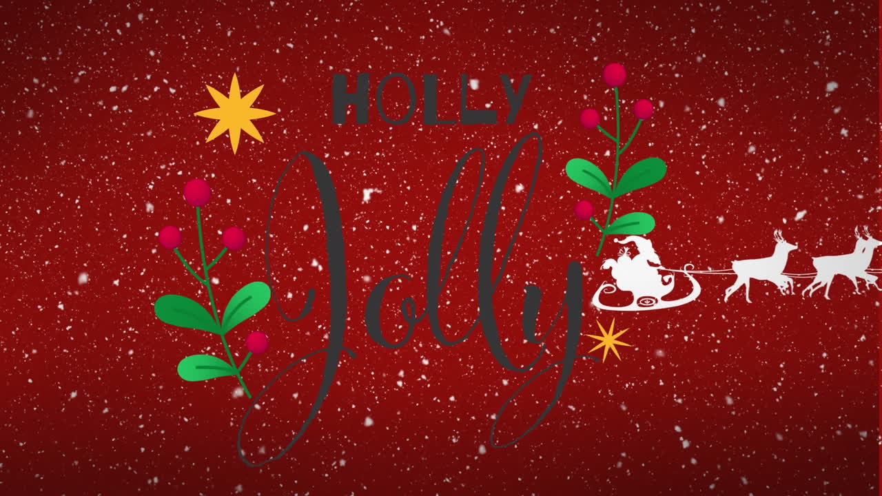 animación de la nieve cayendo sobre el texto de holly jolly contra un fondo rojo.
