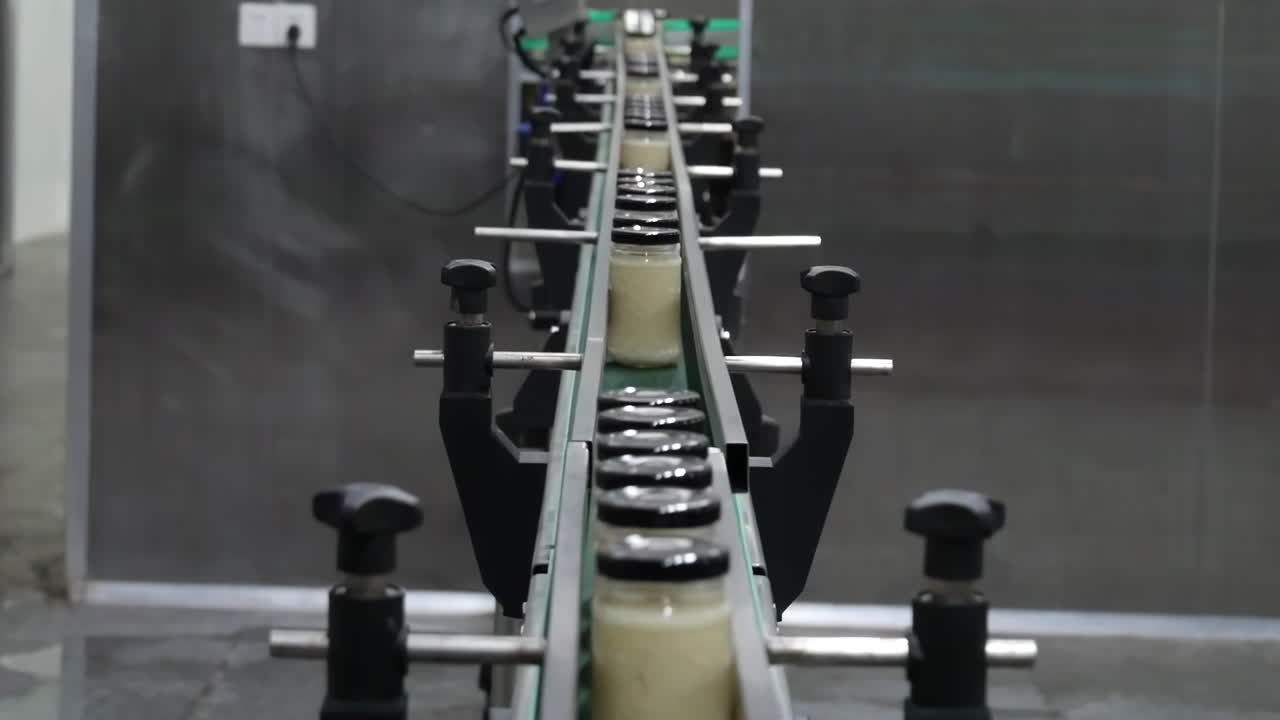Modern Industrial automated Factory high-tech packaging plant production line in the food product industry, with workers carefully filling and sealing transparent bottles of goods on conveyor belts