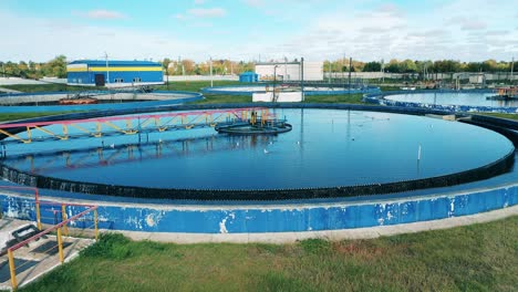 aerial shot of round clarifiers at a sewage cleaning facility. water management concept.