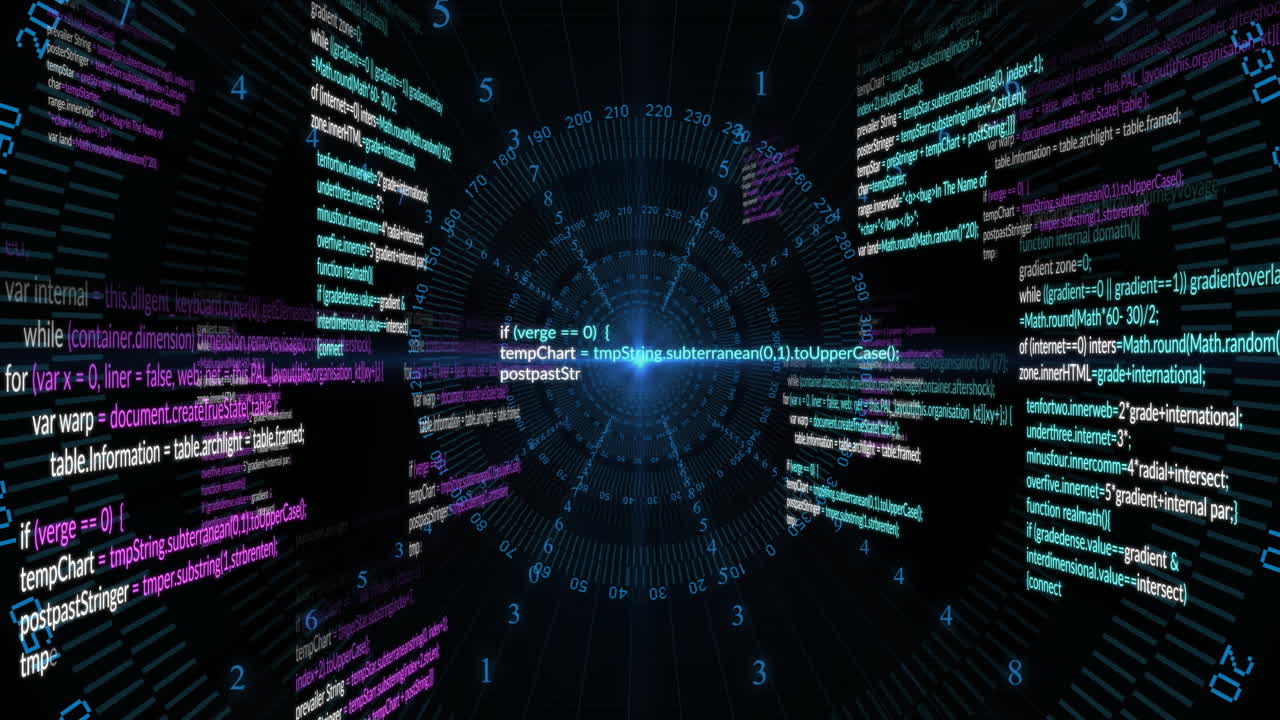 Animation of data processing and diagrams on black background
