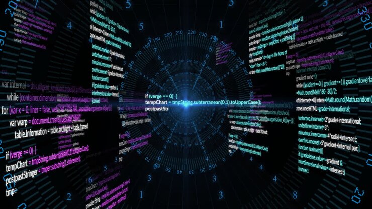 Animation of data processing and diagrams on black background
