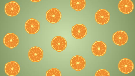 orange animation. 4k animation of oranges rotating on green background. citrus fruit graphic. looping background graphic. healthy plant based vegan fruits