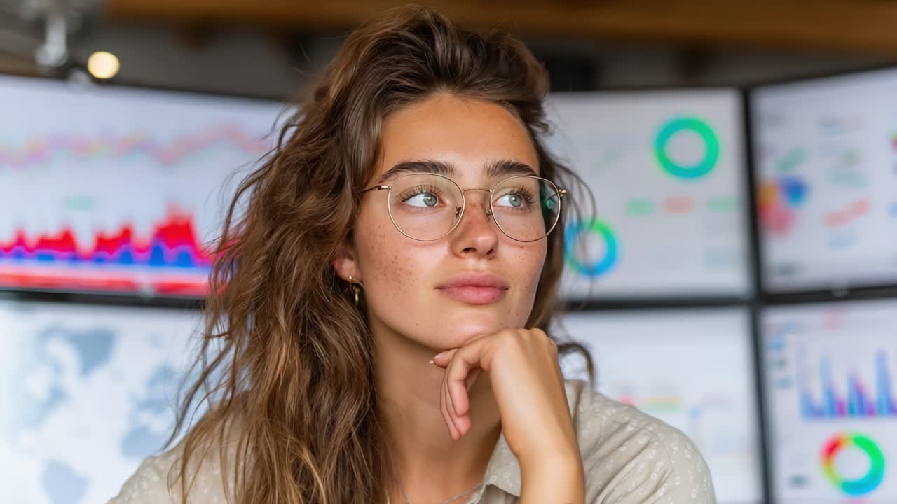 Una joven reflexiva en un entorno profesional analizando datos en múltiples pantallas, reflexionando sobre tendencias e ideas para la toma de decisiones estratégicas