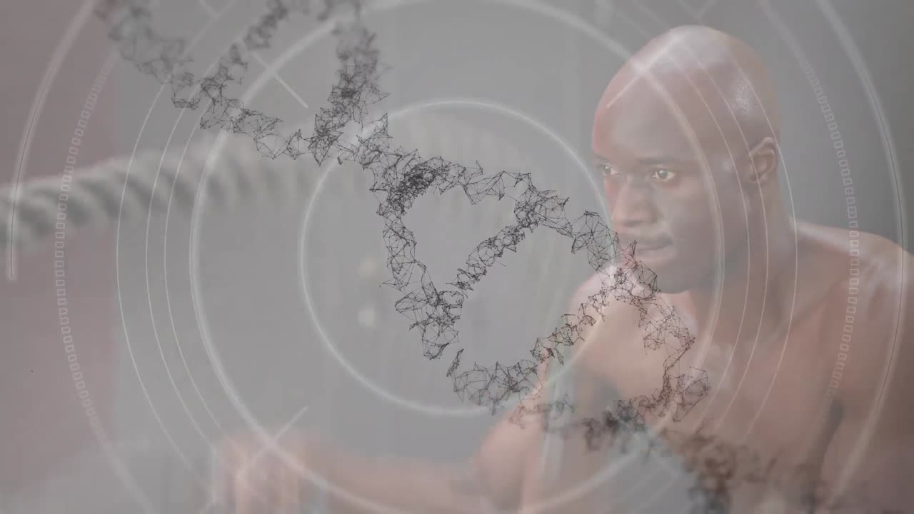 데이터 프로세싱과 강인한 사람의 운동을 하는 dna 가닥의 애니메이션