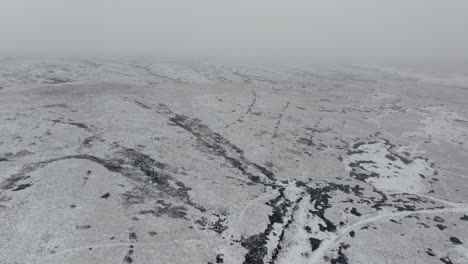 establishing drone shot of snowy yorkshire dales on foggy misty day uk