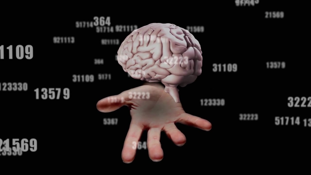 Numeric codes drifting over void starting palm emerging brain appearing rotating visualizing data