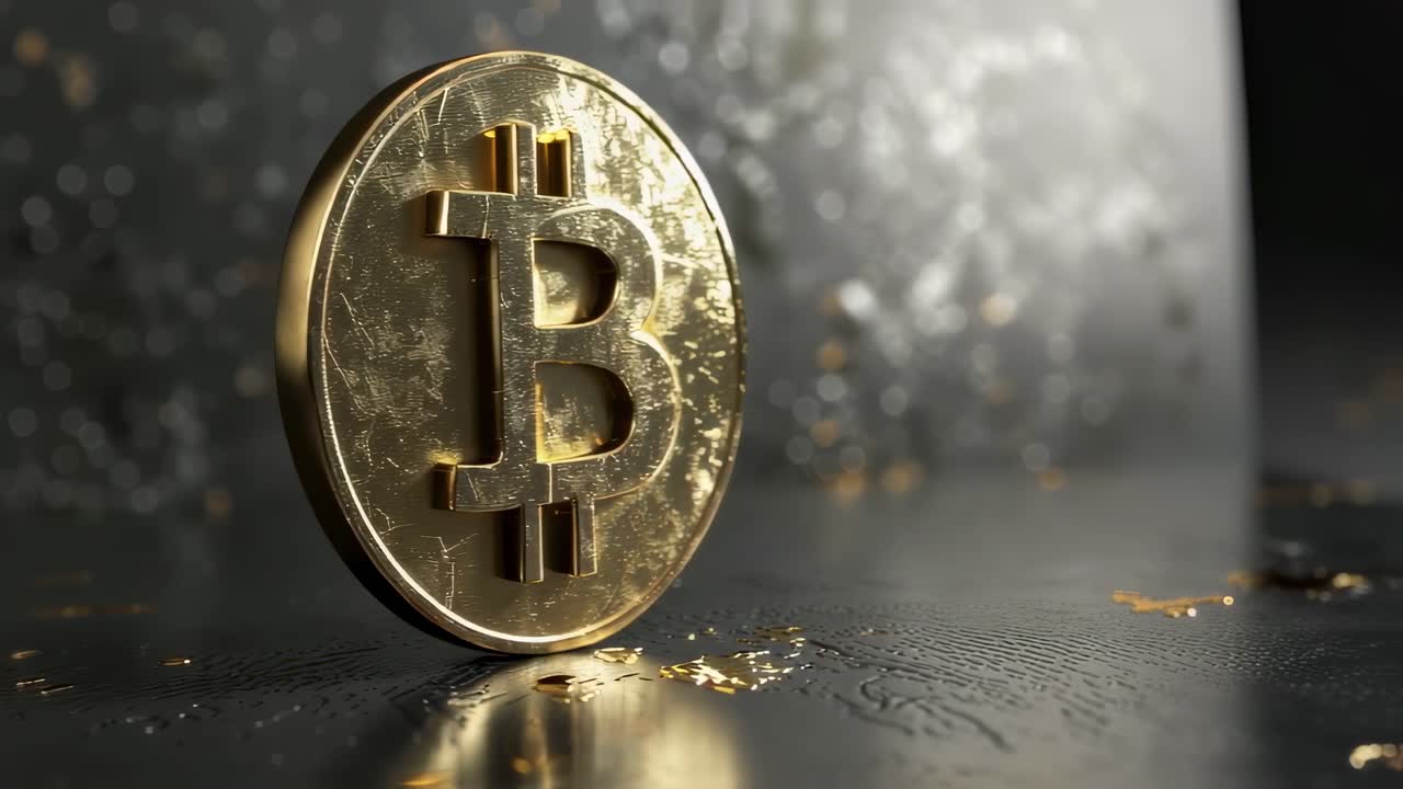 Bitcoin cryptocurrency gently rotating on glossy dark surface, showcasing metallic gold flakes against pristine white background, symbolizing digital financial innovation and economic potential