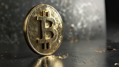 bitcoin cryptocurrency gently rotating on glossy dark surface, showcasing metallic gold flakes against pristine white background, symbolizing digital financial innovation and economic potential