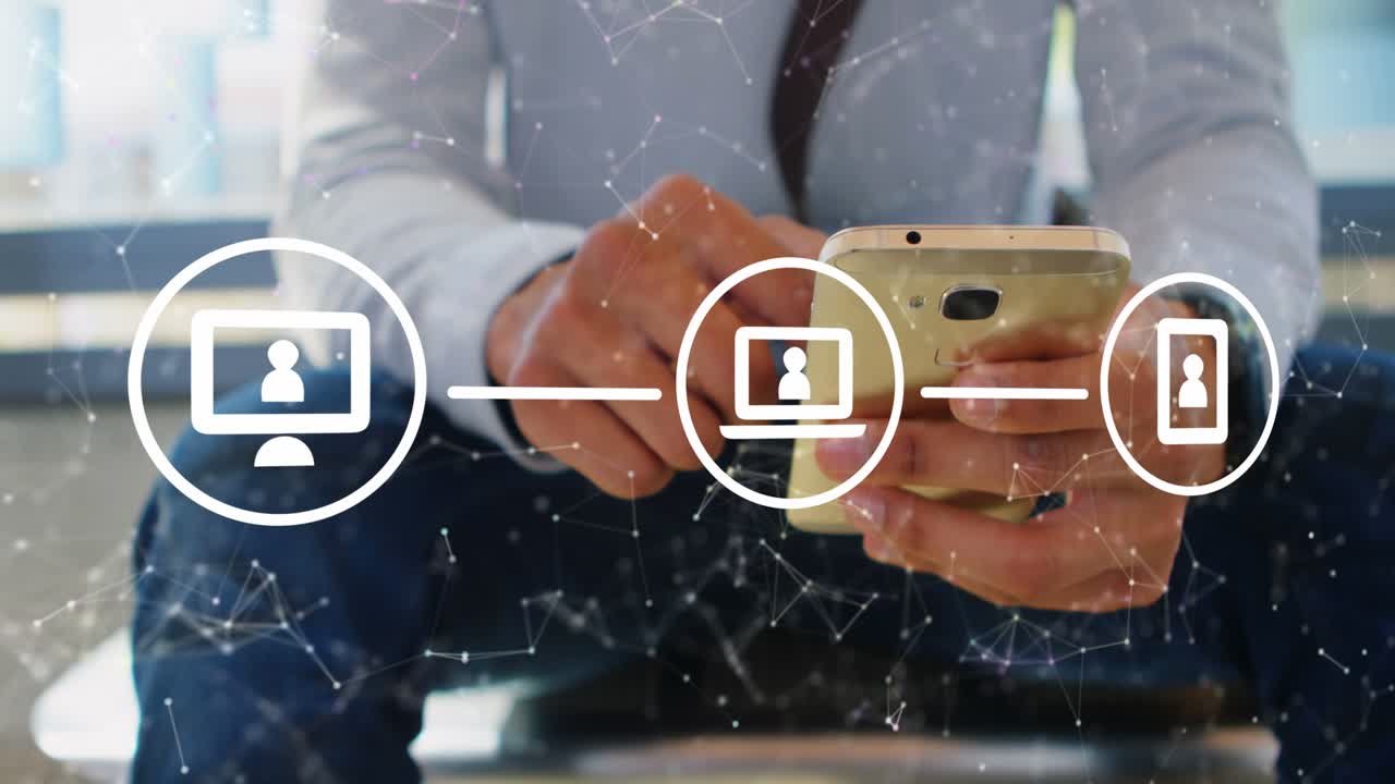 Animation of connected icons over connected dots over midsection of caucasian man using cellphone