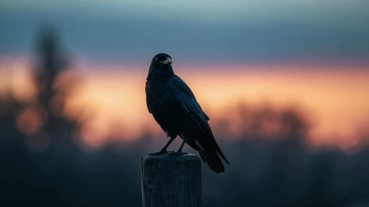 Perching crow shifting gaze, calling and scanning blurred trees on wooden post under sunset sky