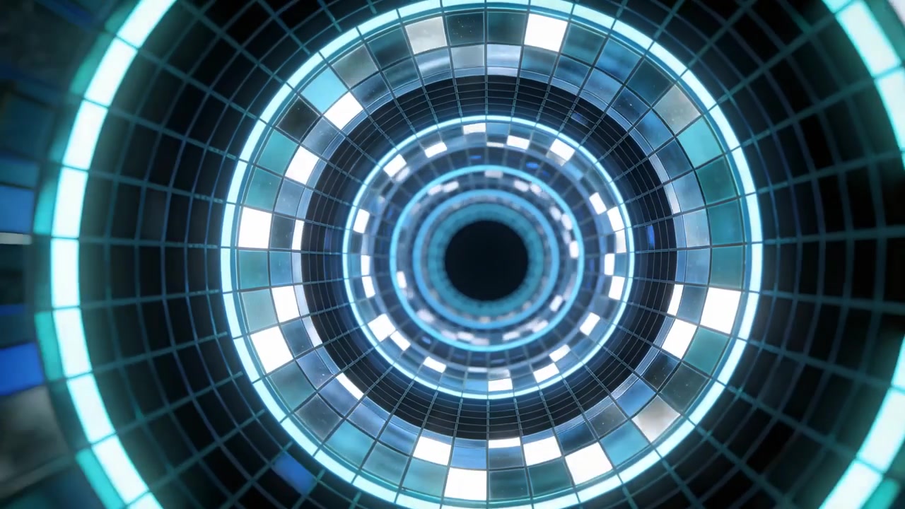 Telecamera animata che si muove attraverso anelli piastrellati in un tunnel CGI, rivelando un vuoto centrale con griglia